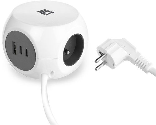 Stekkerblok ACT 3 voudig  inclusief 2x USB C/A 1.5 meter wit/grijs FR/BE
